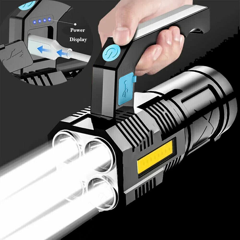 Wrrozz LED Flashlight USB Rechargeable, High Lumens Tactical Light with Sidelight, 4X LED, Zoomable, Handheld Super Brightest Flashlights, Portable Torch for Outdoor Camping Emergency Lantern