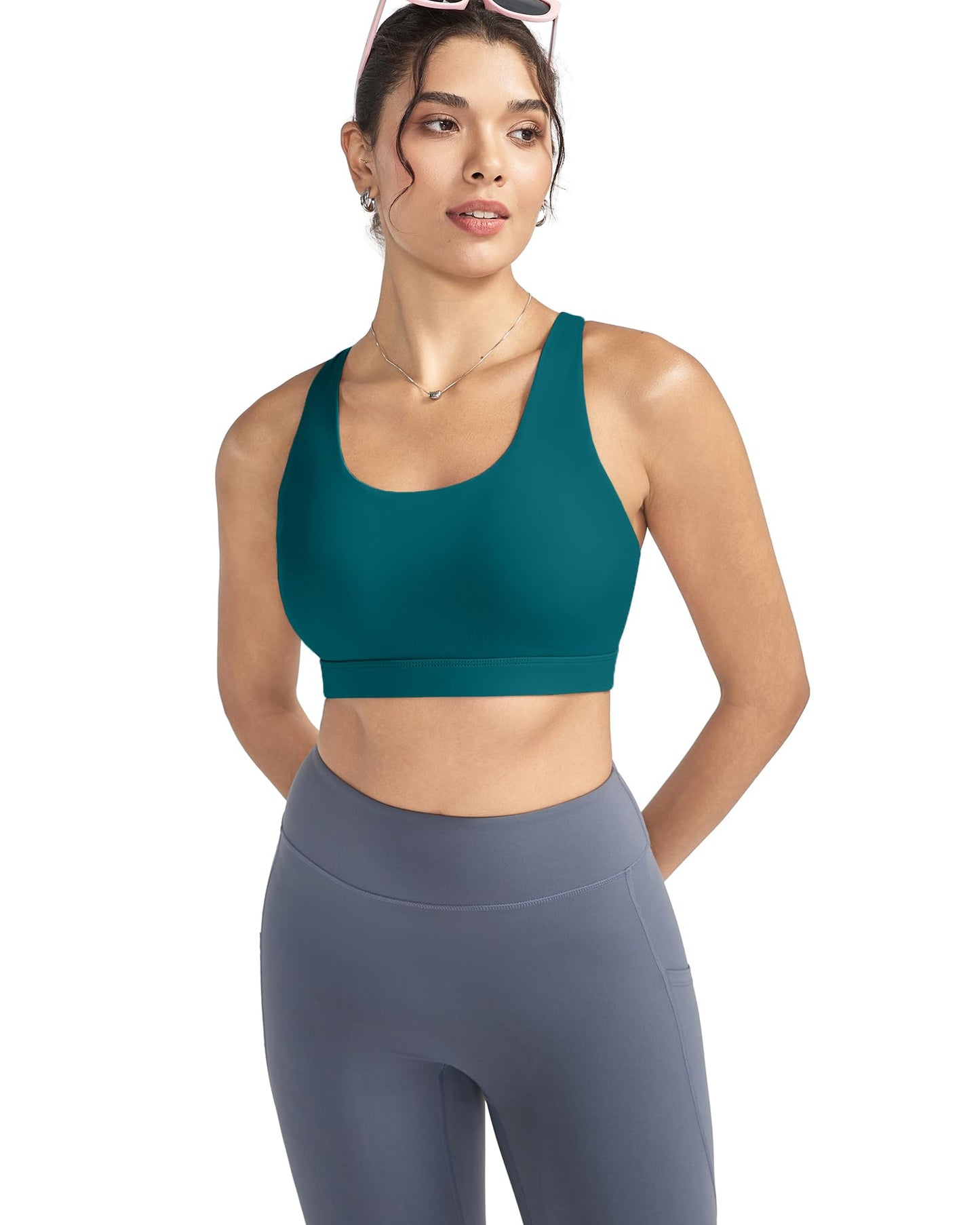 RUNNING GIRL Sports Bra for Women, Criss-Cross Back Padded Strappy Sports Bras Medium Support Yoga Bra with Removable Cups(2575_Storm Teal_3XL)