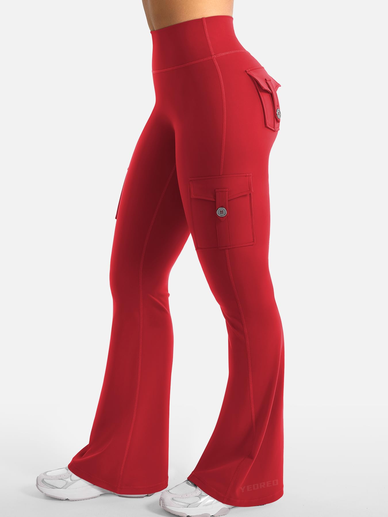YEOREO CoreFlex Women Workout Flare Leggings with Pockets Hidden Scrunch Cargo Gym Yoga No Front Seam Leggings Red S