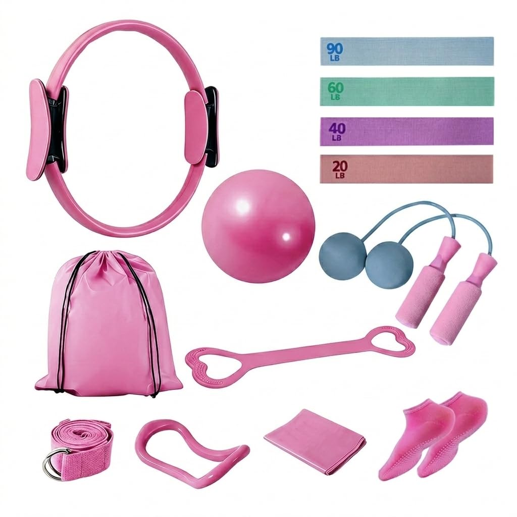 CoreHarmony Pilates Essentials Kit for Women for Home Workouts, Beginner Pilates Workout (Red)
