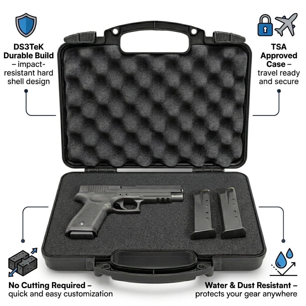 TSA Approved Hard Gun Case – Airline Approved Lockable Pistol Carrying Case with Dual Latch & Customizable Foam – Fits 9mm Handgun, Revolver & Firearm for Travel & Range Use (3-in-1 Bundle)