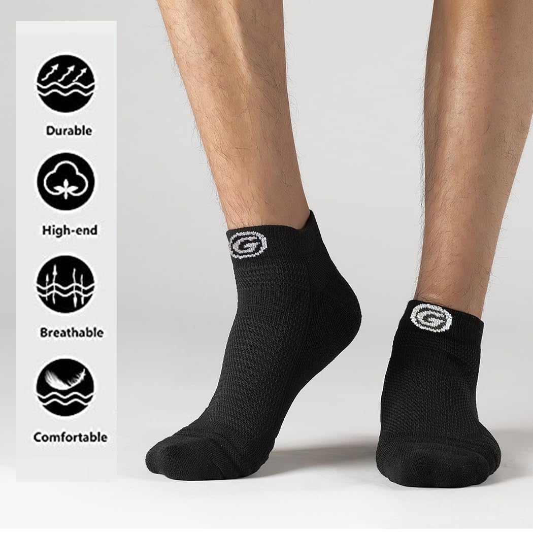 GLENMEARL Mens Womens Athletic Ankle Socks Compression Cushion Padded Arch Support Moisture Wicking Low Cut Socks for Running Walking Cycling Hiking Sport Unisex Adult 6 Pack Black Size 10-13