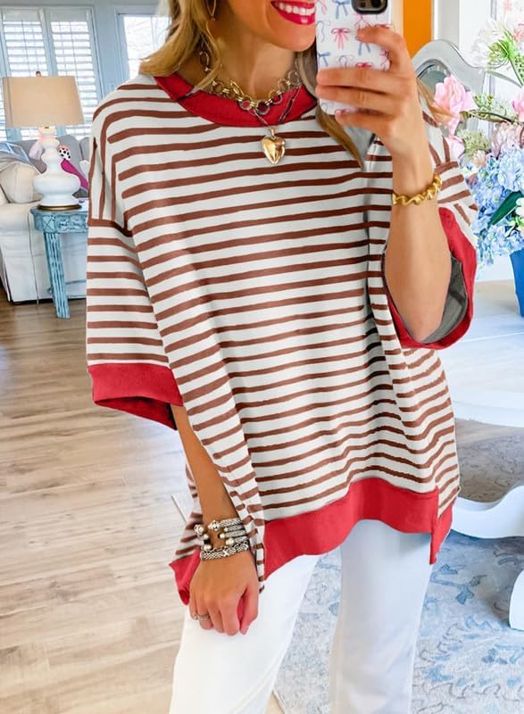 Womens Casual Striped Short Sleeve Sweatshirt - Comfortable Crewneck Pullover Top | Loose Fit Blouse