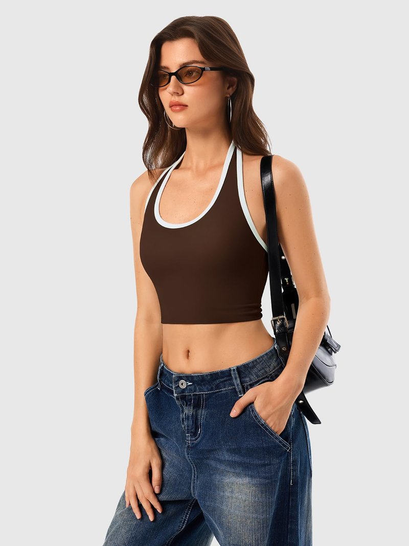 INNO MINT Womens Sports Bras Padded Color Block Scoop Neck Yoga Tops with Built in Bra for Women Gym and Lounge
