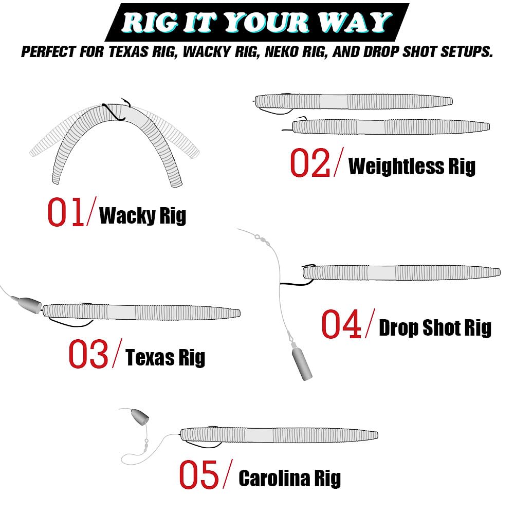 Wacky Worms Soft Plastic for Bass Fishing Lures–100 Pack 4" & 5" Stick Baits Wacky, Texas, Neko & Drop Shot Rigs–Bulk Soft Lure (2-Green Pumpkin w/Black Flake, 4")