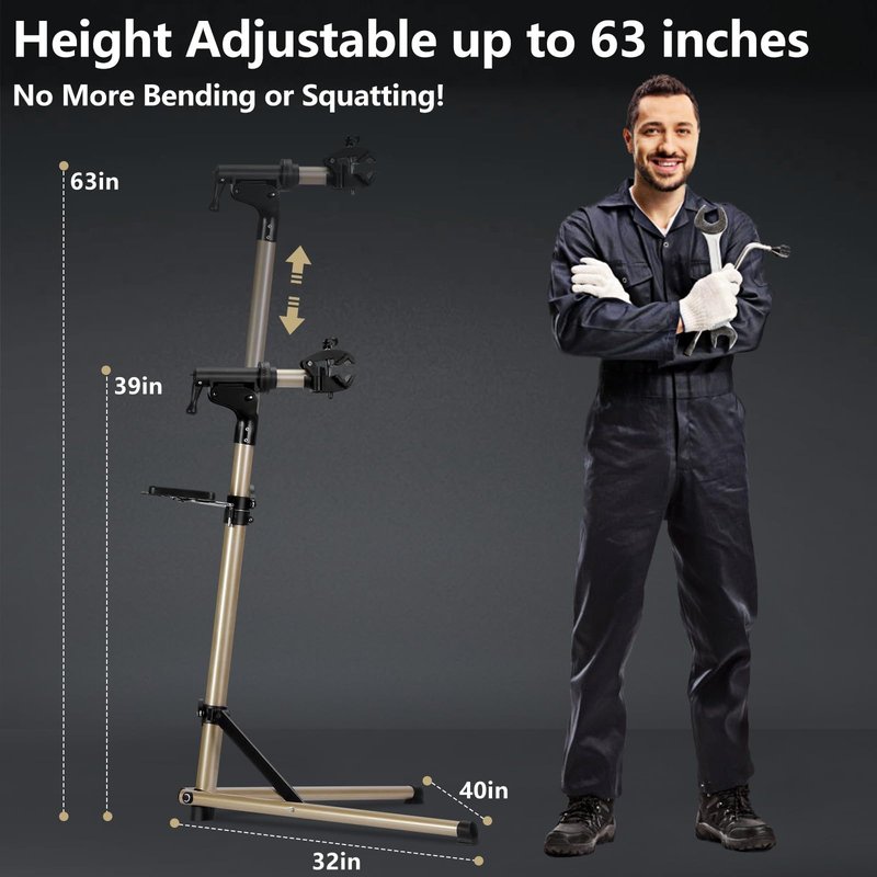 Urban Deco Bike Repair Stand Aluminum Bike Stand for Maintenance, 68lbs Capacity, Height-Adjustable, 360° Rotatable Clamp, Tool Tray Included