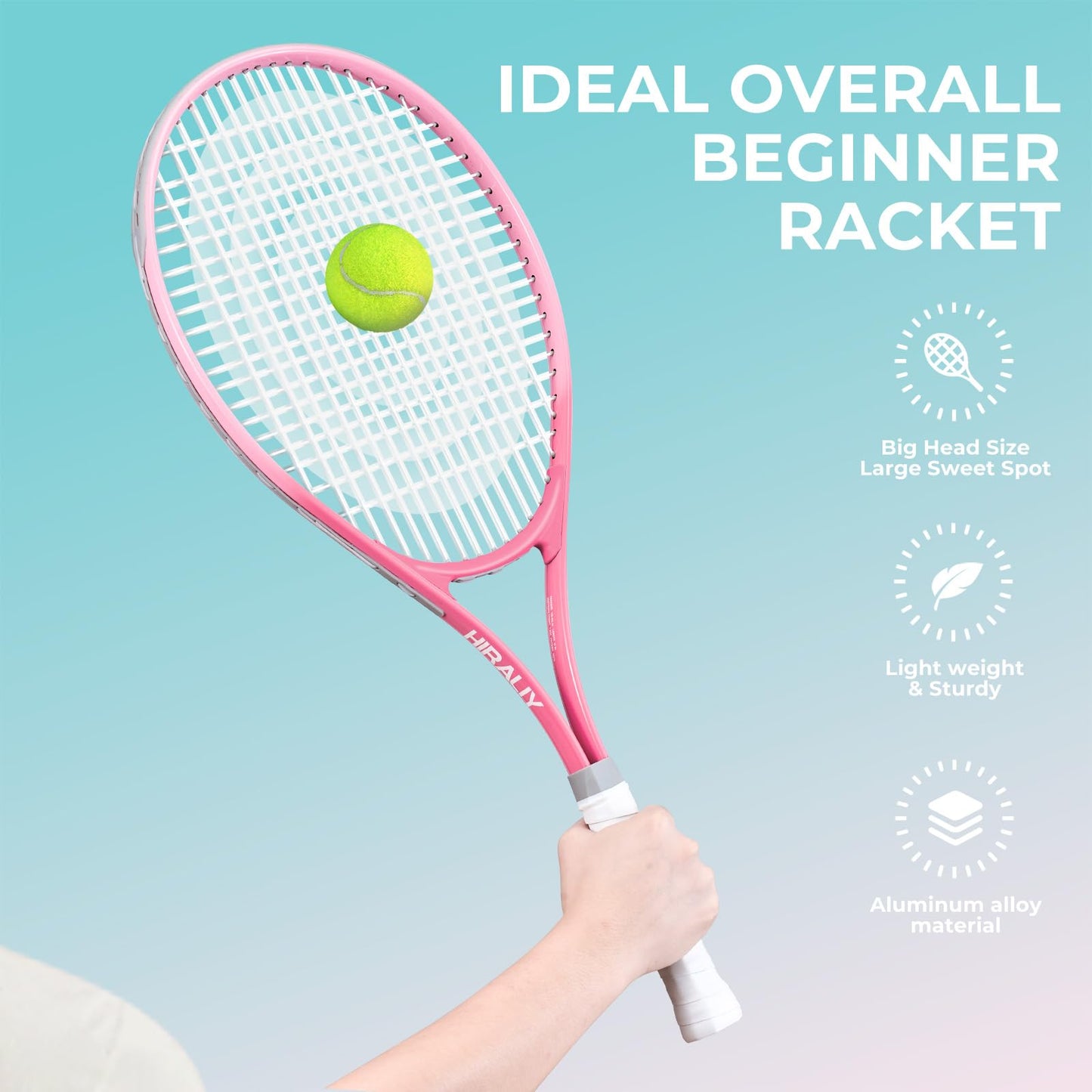 HIRALIY 27" Tennis Rackets Set for Adults, 2 Player Pre-Strung Tennis Racquets, 2 Overgrip Tapes,3 Balls, and 1 Carrying Bag, Outdoor Recreational Sport for Beginner (Pink/Green)
