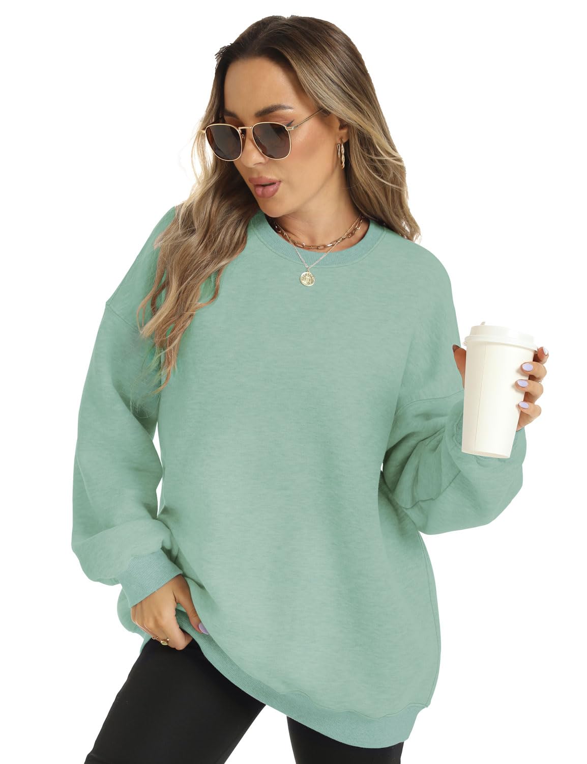 FANCYINN Womens Oversized Sweatshirts Long Sleeve Loose Pullover Solid Fleece Tops Fall Winter Grayish Green S