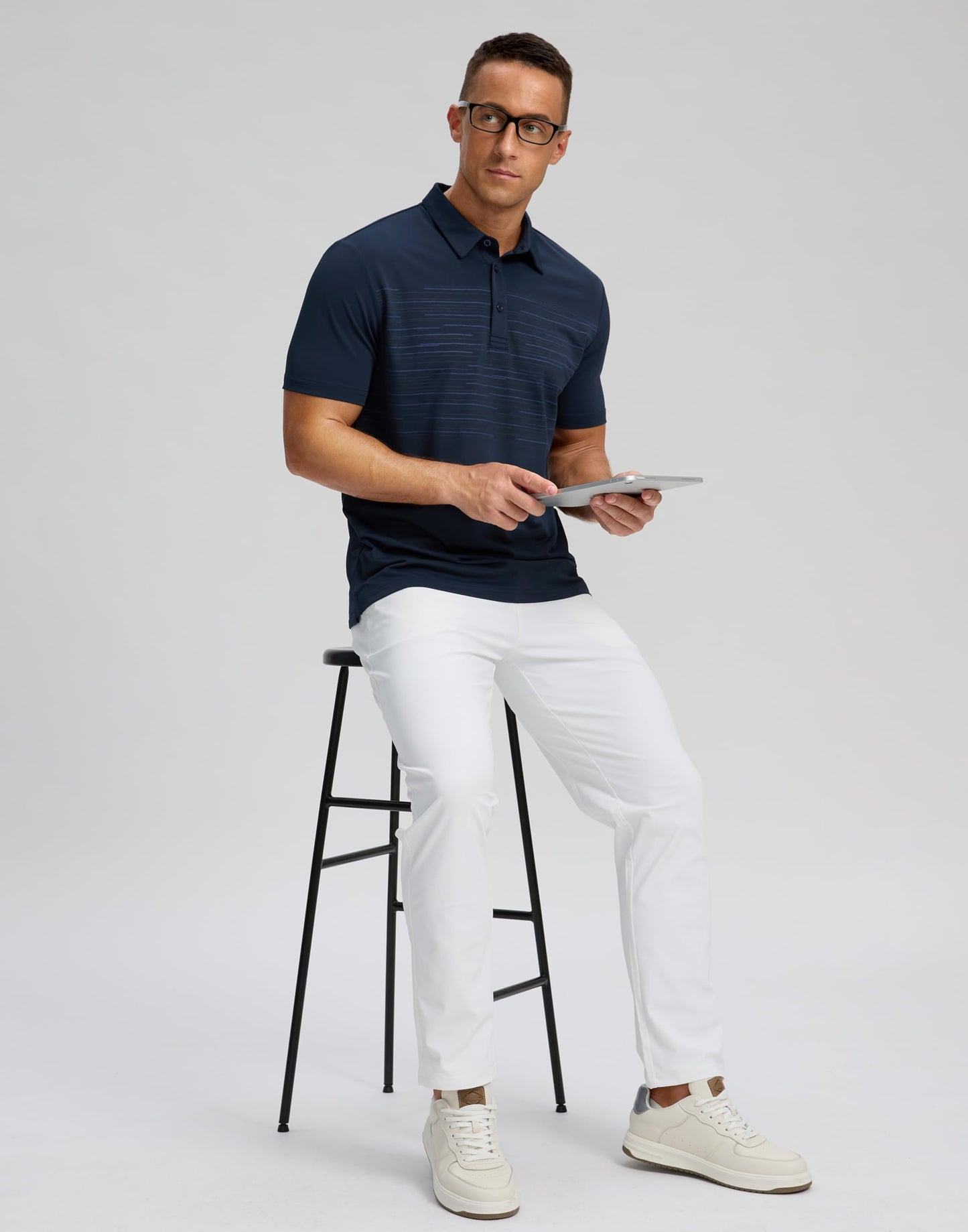 Men's Golf Shirts Dry Fit Moisture Wicking Performance Short Sleeve Collared Polo Shirts for Casual Tennis Bussiness (Navy Coloured Lines, XL)