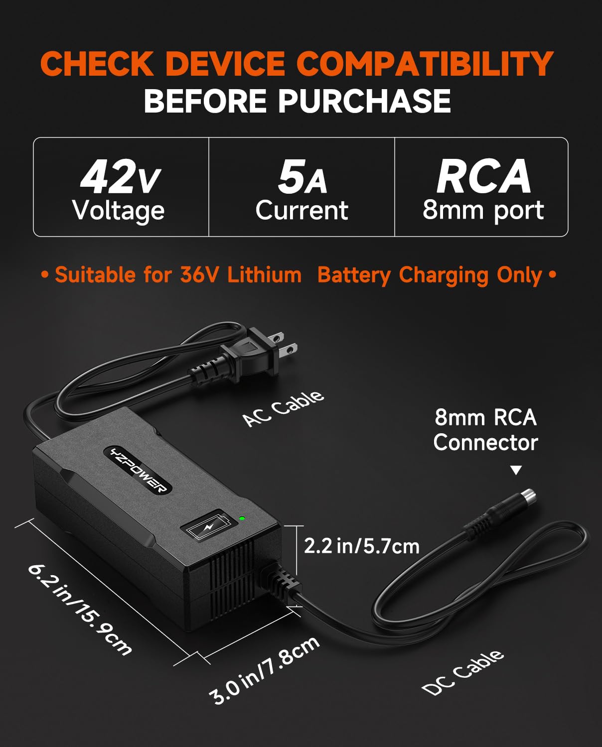 42V 5A Scooter Charger for Segway Ninebot, Compatible with MAX G2 G30LP E2 Pro F65 F40 F30 D28 D40 ES2 ES4 E22 E45, Replacement Power Adapter for 36V Lithium Battery, RCA Round Charging Port
