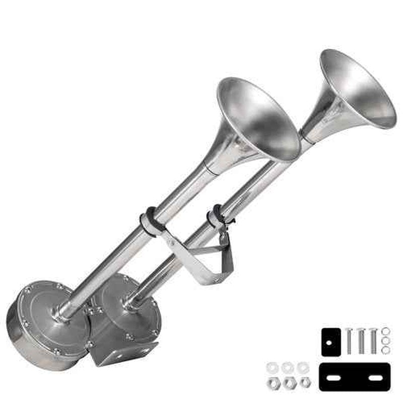 AOLIHAN 150db Boat Horn Deluxe: 12V Dual Horn Trumpet Upgrade - Polished Stainless Steel Marine Horns with Low & High Tones, Featuring Adjustable Horn Support（Upgraded Pair of Horns）