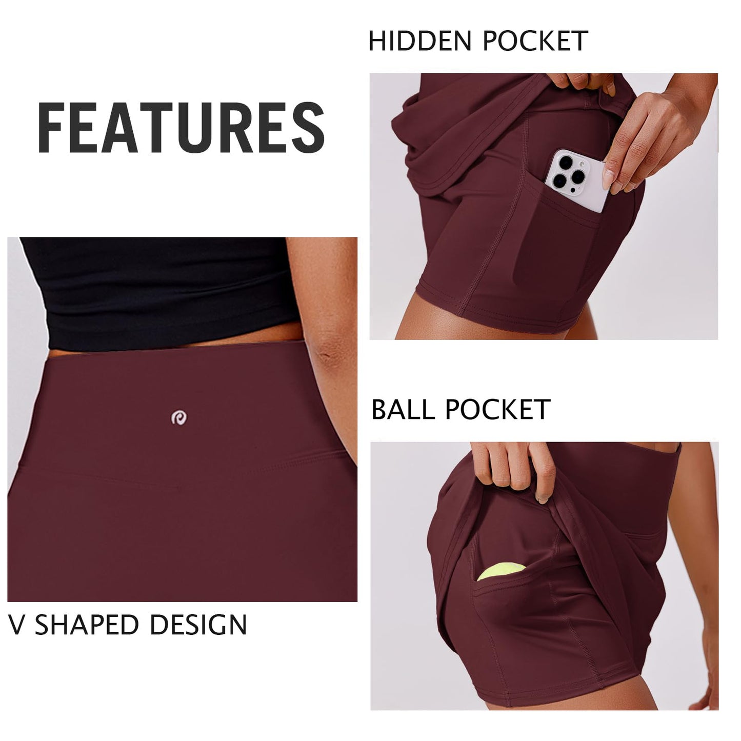 PINSPARK Skorts for Woman High Waisted Tennis Skirt Stretchy Workout Skort Skirts Lightweight Golf Skorts with 2 Pockets Activewear, Red Merlot XL