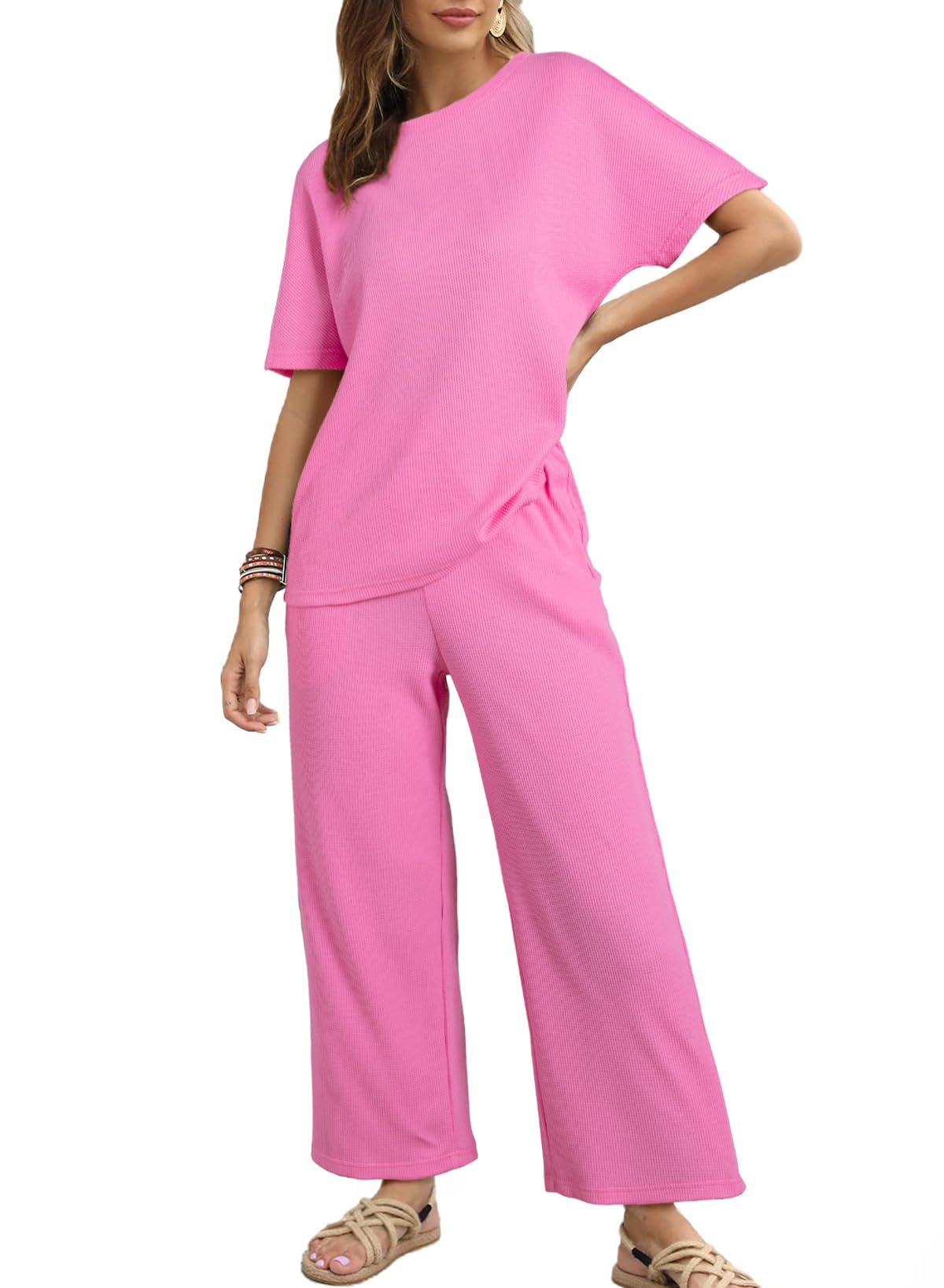 SHEWIN Women's Two 2 Piece Outfits Sweatsuit Lounge Sets for Women 2025 Short Sleeve T Shirts Casual Loose Pants Comfy Tracksuit Set Spring Clothes Pink M