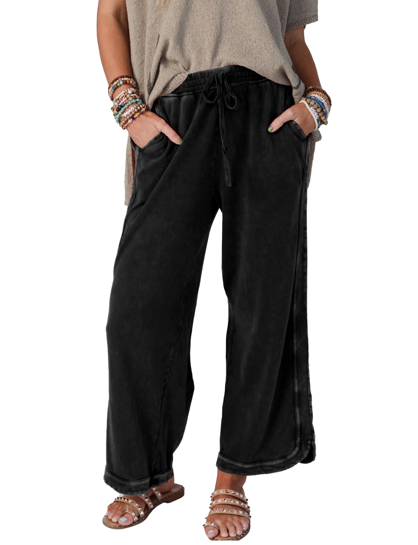 Malajisi Women's Casual Wide Leg Pants High Waist Drawstring Sweatpants Baggy Athletic Trousers with Pockets(Black,M)