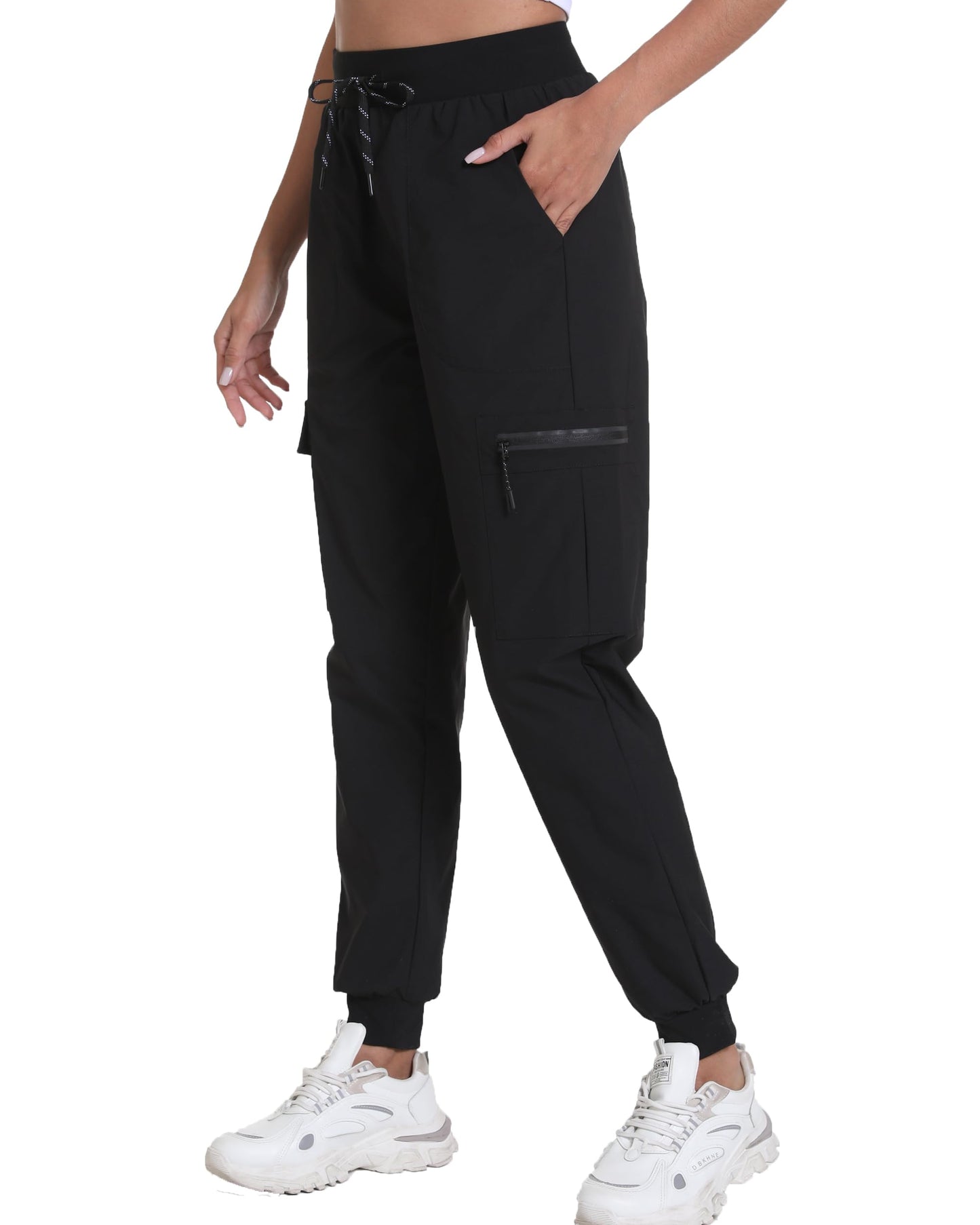 Womens Hiking Pants Water Resistant - Cargo Joggers for Women with Pockets Lightweight Quick Dry Travel Camping Pants(Tapered Black, Medium)