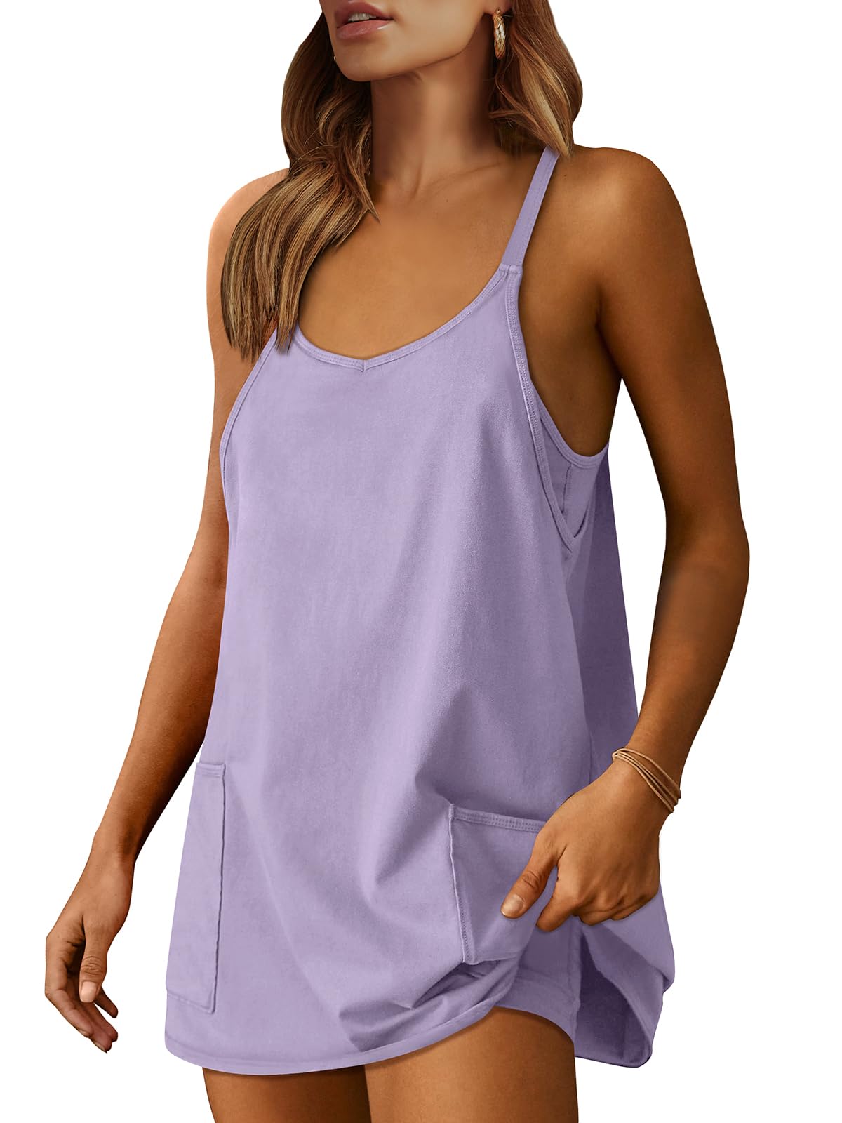 ANRABESS Women Athletic Dress Summer Tennis Workout Active Sports Mini Romper Dress Built in Shorts Travel Vacation Clothes Light Purple Large