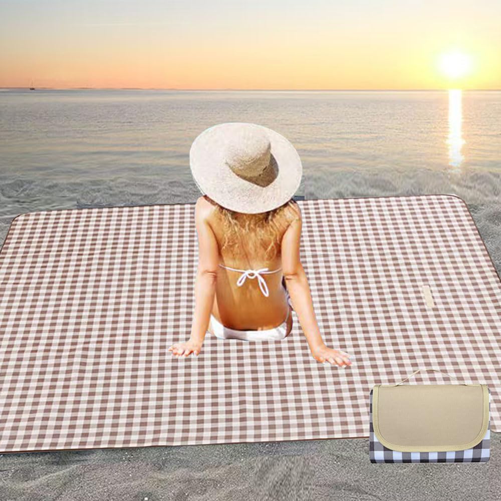 K Y KANGYUN Beach Blanket Outdoor Picnic Blankets Mat 80"x60" Extra Large Waterproof Sand Proof Camping Blankets Lightweight Folding Portable Travel Blanket for Family Park Beach Grass (Brown)