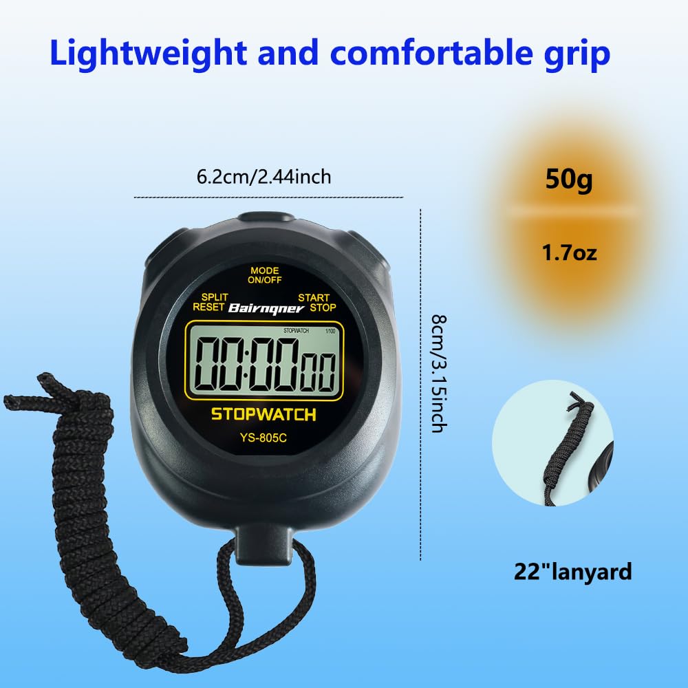 Bairnqner Stopwatch Timer with Countdown, ON/Off Simple Operation No Clock No Date, Digital Stop Watch for Sports, Black