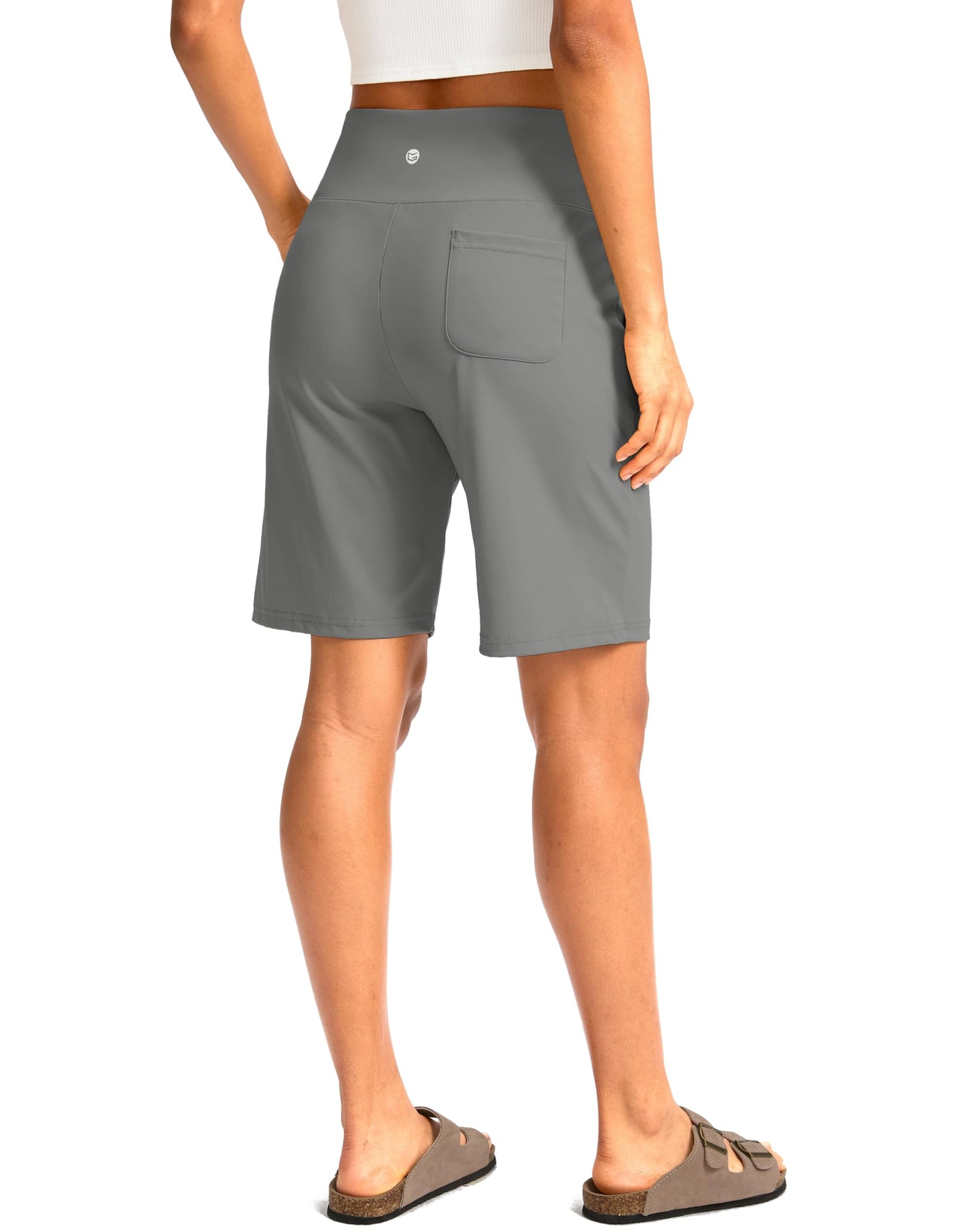 G Gradual Women's Bermuda Long Shorts with Pockets 9" High Waisted Knee Length Shorts for Women Walking Athletic Workout(Light Grey,M)