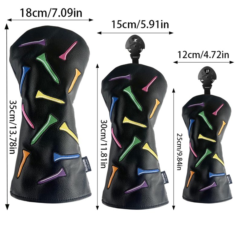 ROYMADE Golf Club Covers Set Colorful Tees Design Driver Covers Fairway Wood Cover Hybrid Cover Leather Golf Wood Head Cover (Color T Black (DR+FW+UT 4pcs))