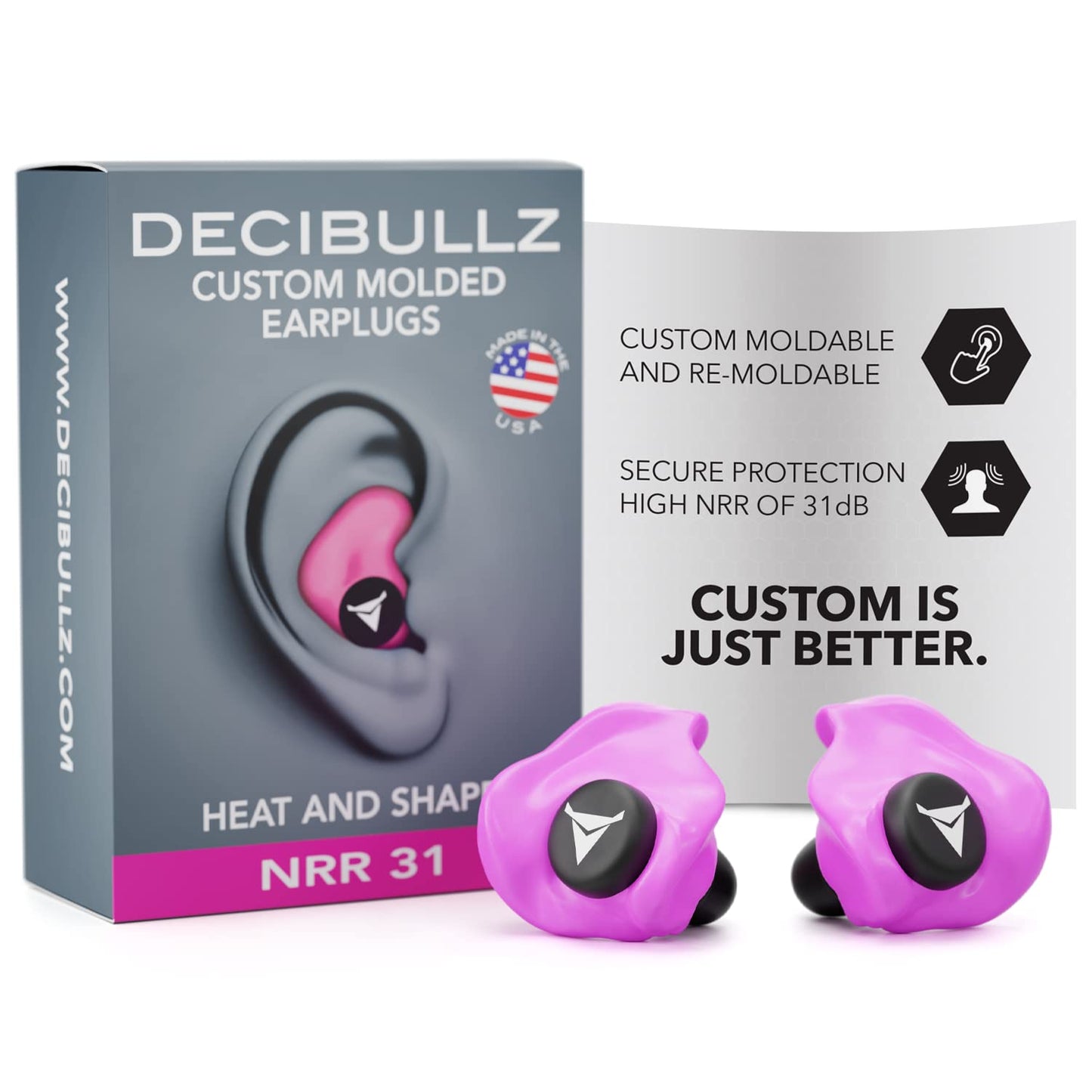 Decibullz - Custom Molded Earplugs, 31dB Highest NRR, Comfortable Hearing Protection for Shooting, Travel, Swimming, Work and Concerts (2 Pack)