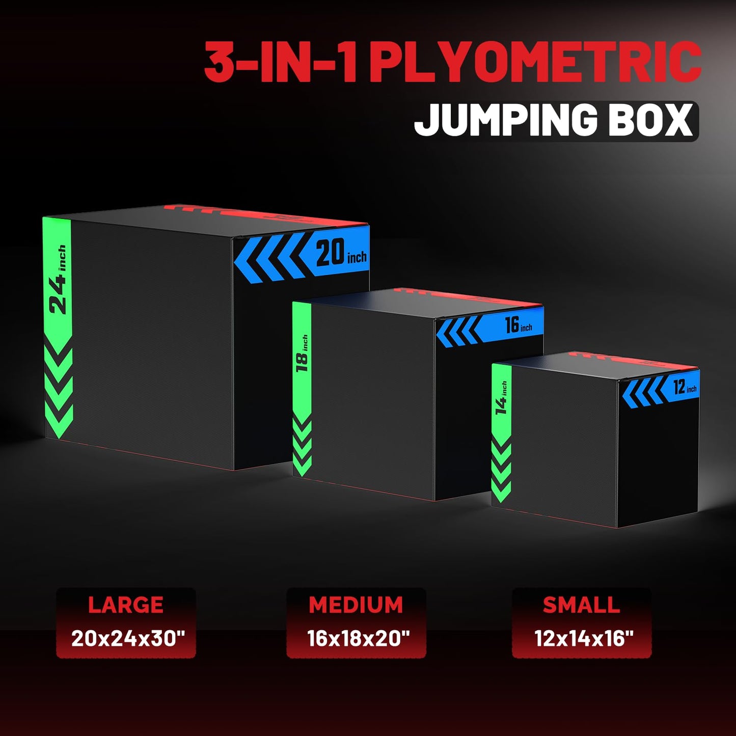 3-in-1 Plyometric Jump Box, Anti-Slip, High-Density Foam 12x14x16