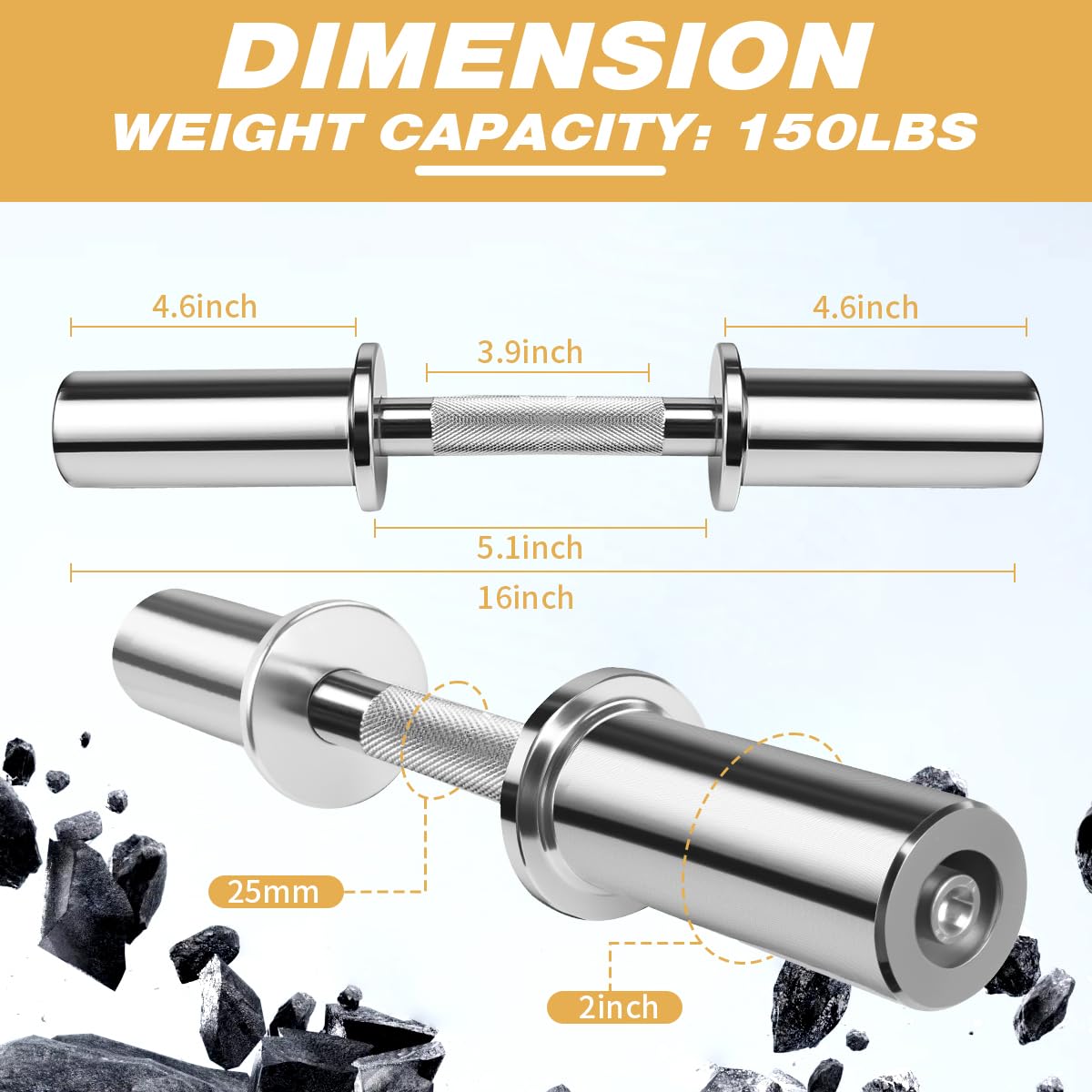 16" Olympic Dumbbell Handles, Pair Loadable Dumbbell Bars for 2-inch Weight Plates with Rotating Sleeves & 4 Spring Collars, Home Gym Strength Training (Silver)