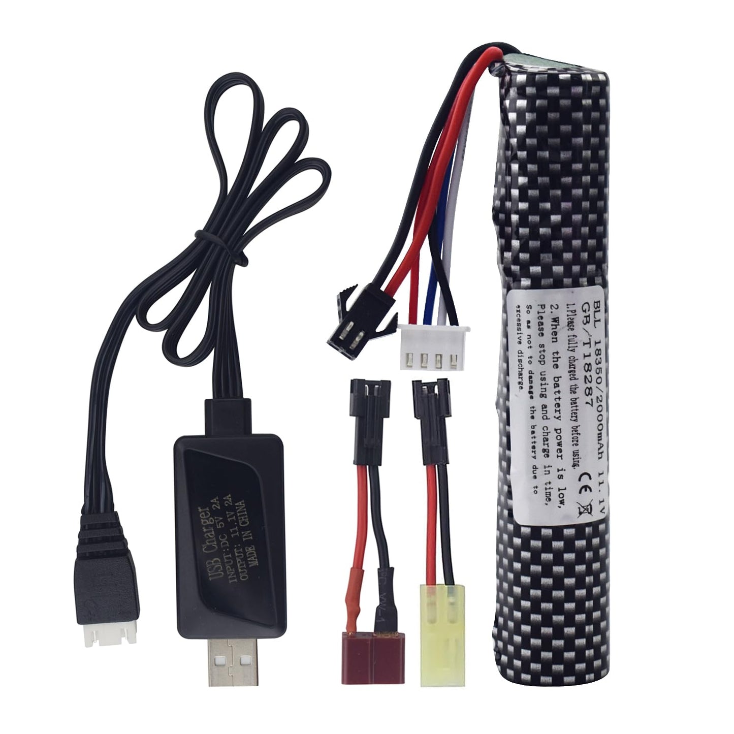 MOONZON 3S 11.1V 2000mAh Li-ion Battery with SM-2P Plug Connector Whith Adapter and USB Charging Cable, Suitable for Airsoft Gel Water Droplet Blaster Air Gun Gel Ball Shock Wave Spare Battery