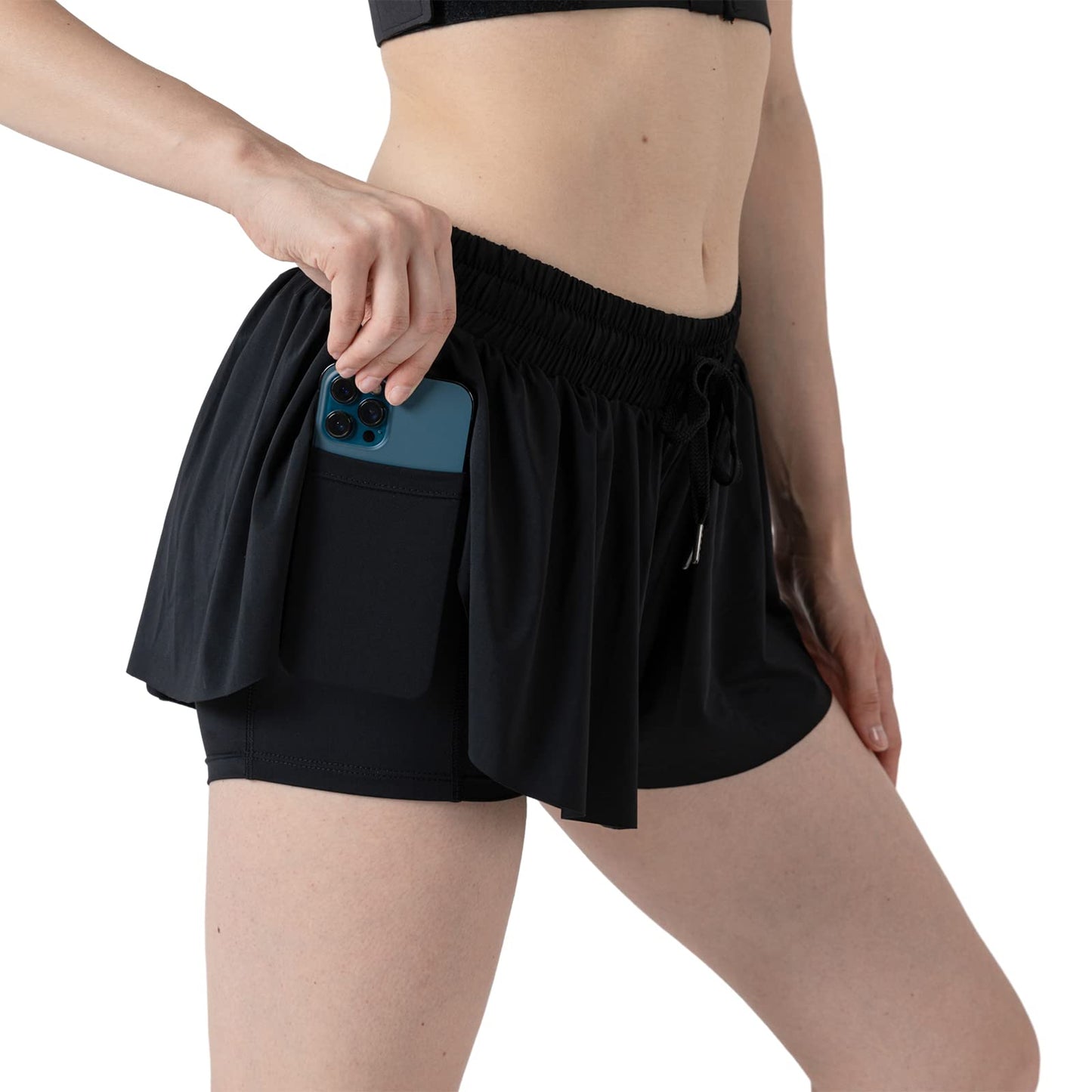 Girls Flowy Skirt Shorts Preppy Shorts 2 in 1 Butterfly Running Shorts with Pockets for Dance School Wear Gym Fitness Sleep Black