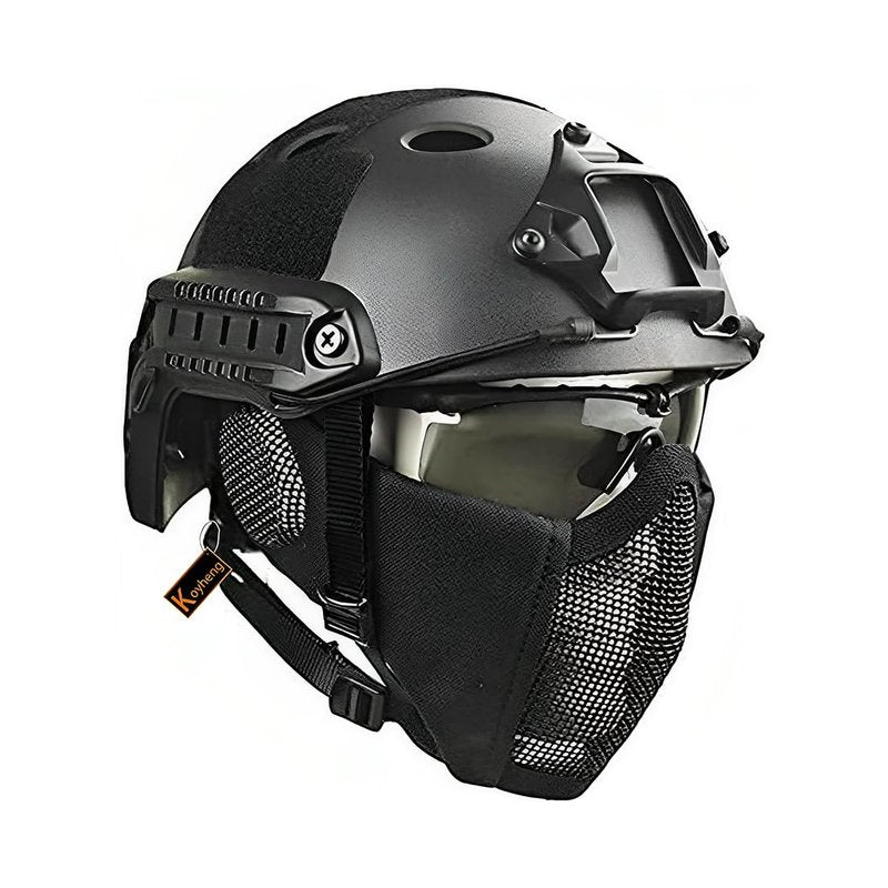 MH Tactical Fast Helmet Combined,with Foldable Ear Protection Half Face Mesh Mask and Goggles for Airsoft Paintball CS Game Set