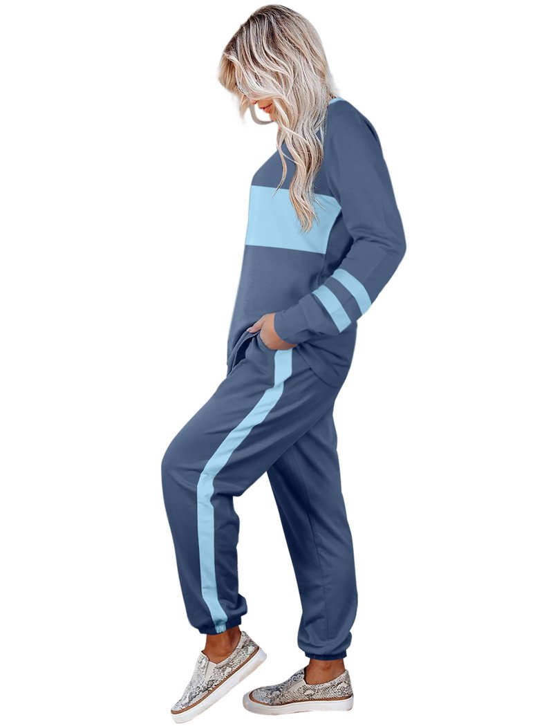 Aloodor Lounge Sets for Women Long Sleeve Sweatshirts and sweatpants 2 Piece Sets Light Blue L