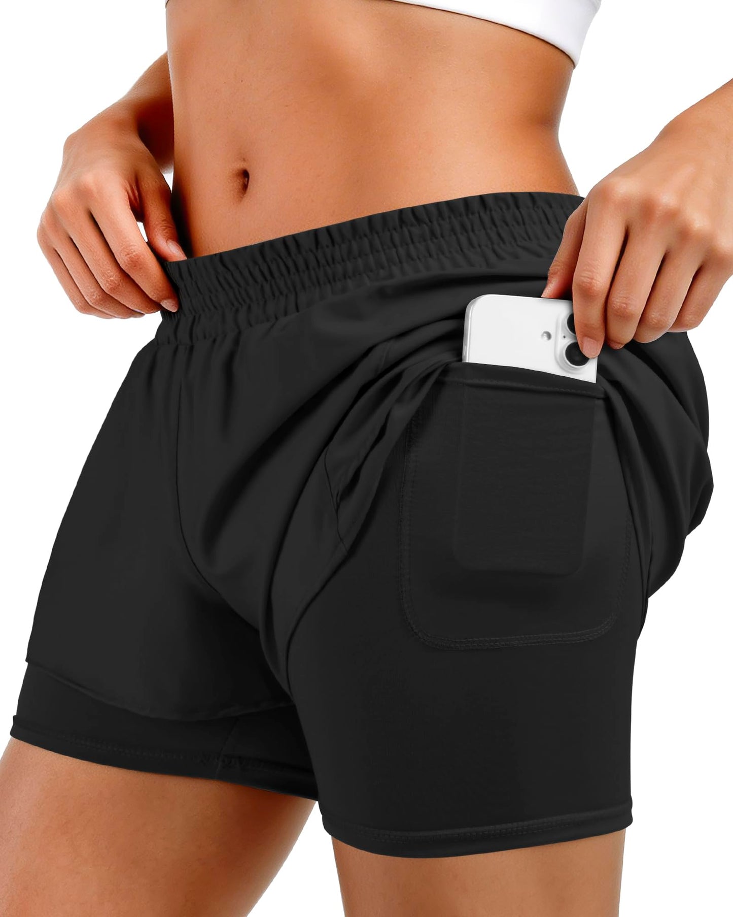 Apyovic Running Shorts for Women 2 in 1 Quick Dry Workout Athletic Shorts with Liner Pockets for Gym Tennis Hiking Black
