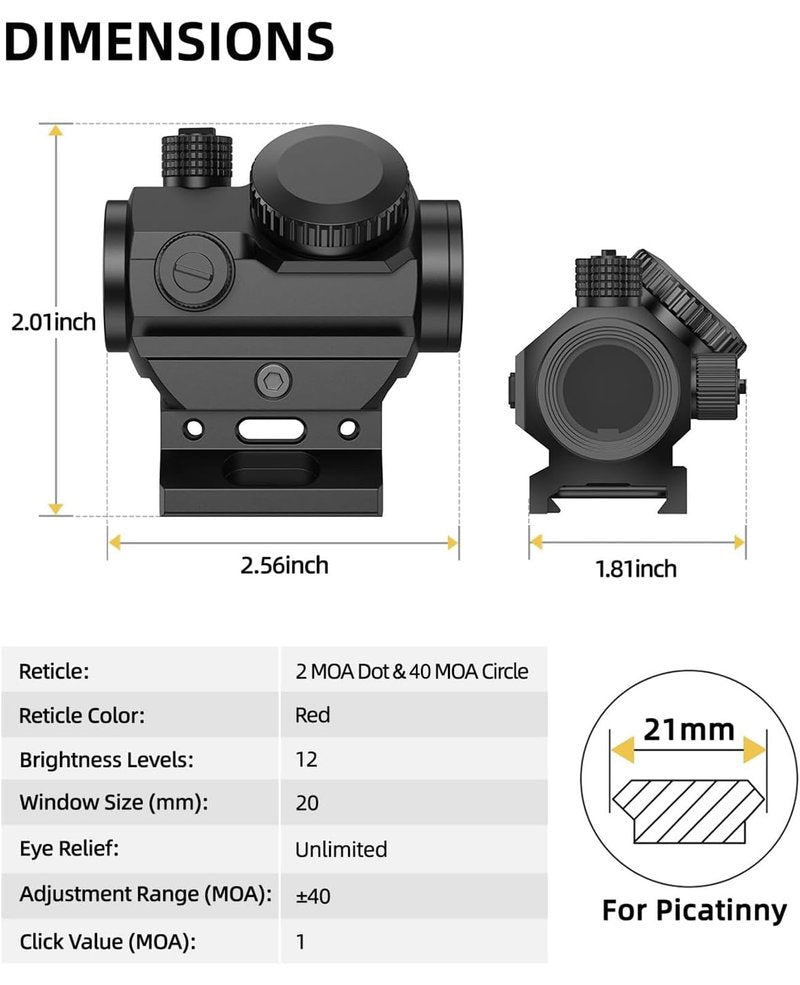 EZshoot 2 MOA Dot & 40 MOA Circle Red Dot Sight, Motion Awake Red Dot Scope, Multiple Reticle 1x20mm Compact Optics with Lower 1/3 Co-Witness Mount for 21mm Picatinny, 12 Brightness 20000H Runtime