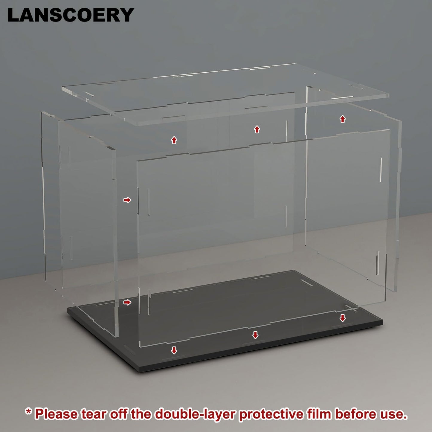 LANSCOERY Acrylic Display Case, 10x5x4 in, Upgraded Thickened UV-Resistant Showcase, 98% Clarity Dustproof Box with Glossy Black Base for Action Figures, LEGO & Models, Includes Scraper & LED Light
