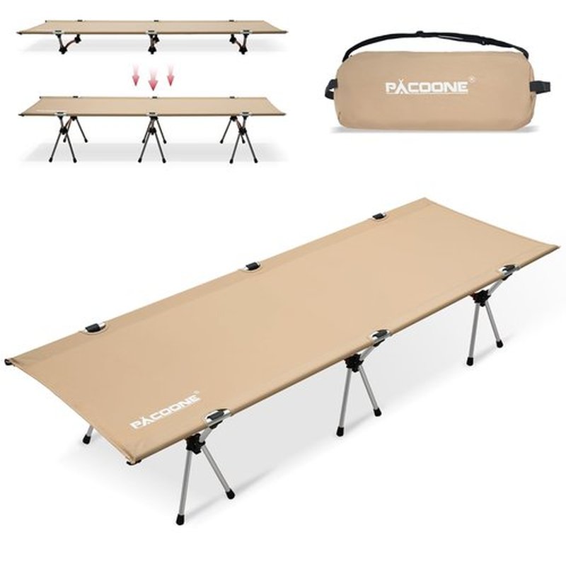 PACOONE 2-in-1 Ultralight Folding Camping Cot with Leg Extenders, Military Camping Cots Bed, Heavy Duty Folding Sleeping Camping Cot for Backpacking Hiking Travel Tent, Support 330 Lbs (Khaki)