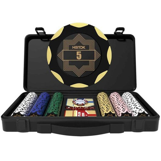 HEITOK Clay Poker Chip Set for Texas Hold’em, 300 PCS with Denominations, 14g Professional Casino Blackjack Set, high-end Carrying case with Leather Interior Design and German Polycarbonate Shell