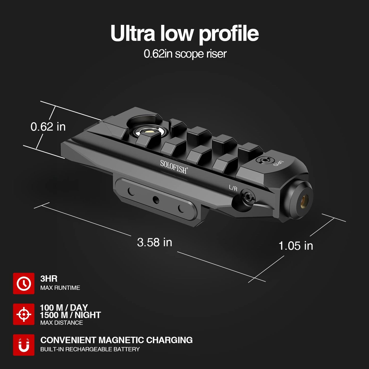 Solofish SL-1107 Picatinny Blue Laser Sight, Magnetic Rechargeable, Momentary, Strobe, Steady Modes, Durable Aluminum Design, Picatinny Riser Function, Easy Zero Adjustment