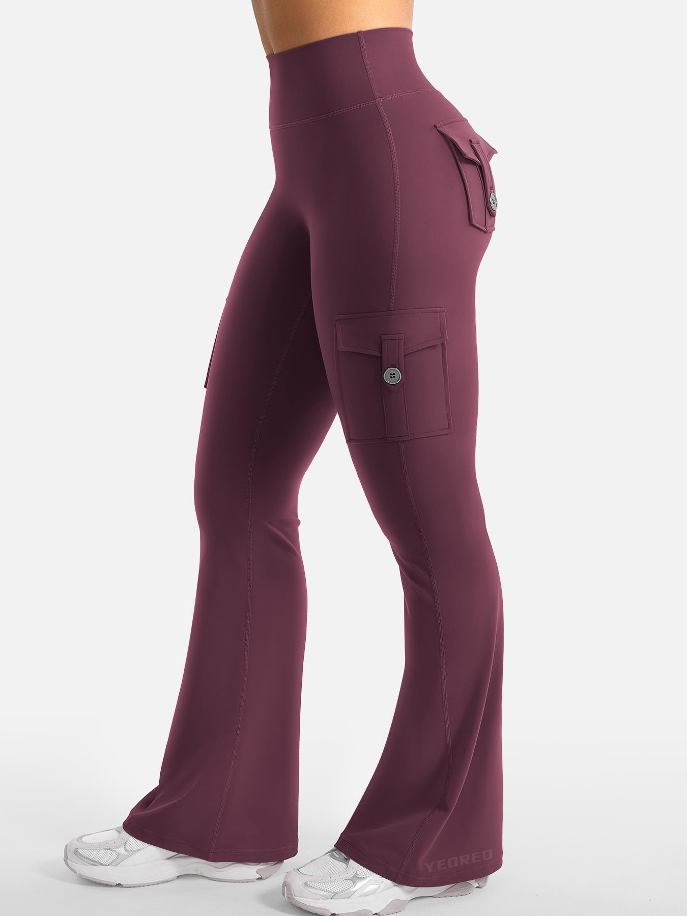 YEOREO CoreFlex Women Workout Flare Leggings with Pockets Hidden Scrunch High Waisted Cargo Gym Yoga Leggings Dark Cherry XL