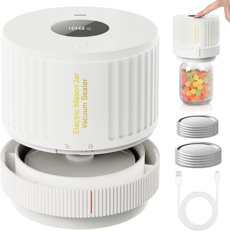 Electric Mason Jar Vacuum Sealer Kit - Fits Wide & Regular Mouth Jars | White