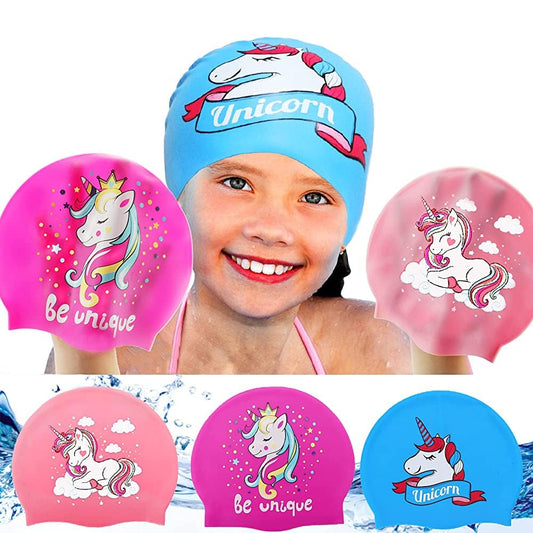 Waslary 3Pcs Silicone Waterproof Swim Caps for Kids, Cute Cartoon Swimming Caps Bathing Hats for Long Short Hair, Gifts for Girls Boys Children Toddler