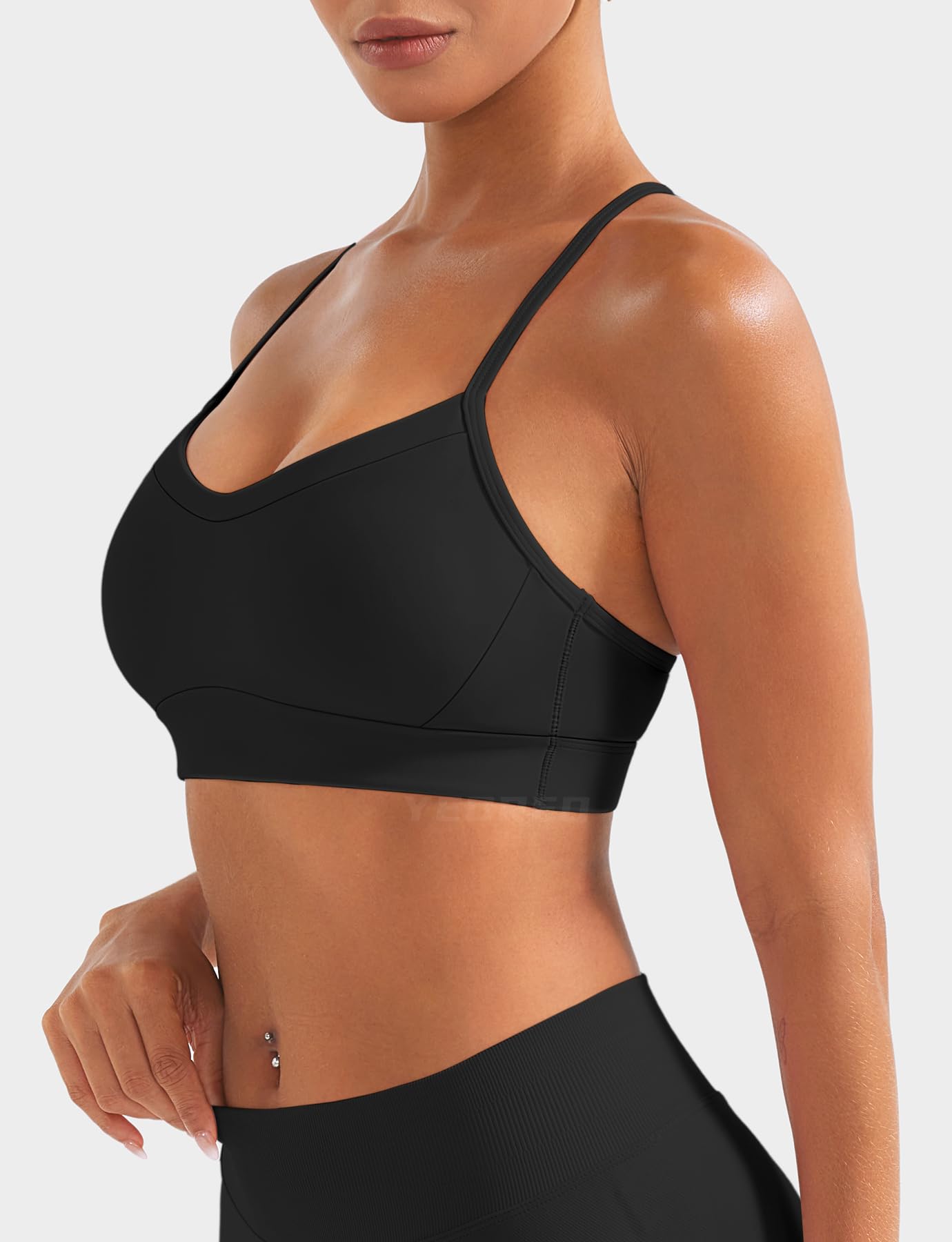 YEOREO Luciny Workout Y Back Sports Bras for Women Spaghetti Straps Racerback Padded V Neck Medium Impact Gym Bra Yoga Top Black-S