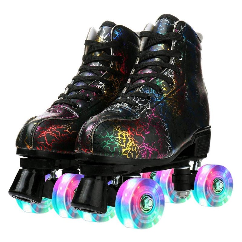 Women's Roller Skates Light Up Wheels, Leather Adjustable Double Row Rolling Skating Illuminating Derby Skate Illuminating for Teens and Youth (Lightning Black Flash Wheel,41)