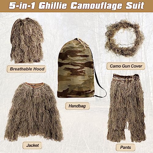 DoCred 5 in 1 Ghillie Suit, 3D Camouflage Hunting Apparel w/Jacket, Pants, Hood, Carry Bag for Adults/Youth, S/M/L/XL/XXL