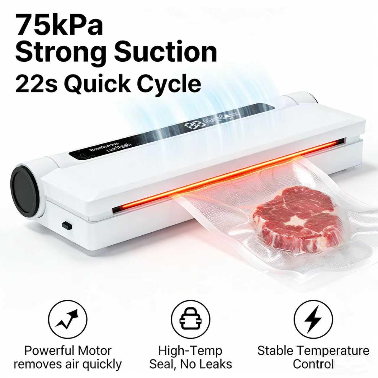 Food Vacuum Sealer Machine, 75KPA Strong Suction, Dry/Wet Modes, 20 Bags Included, Digital Countdown Timer, LED Indicator, Compact Design for Home Kitchen and Food Storage