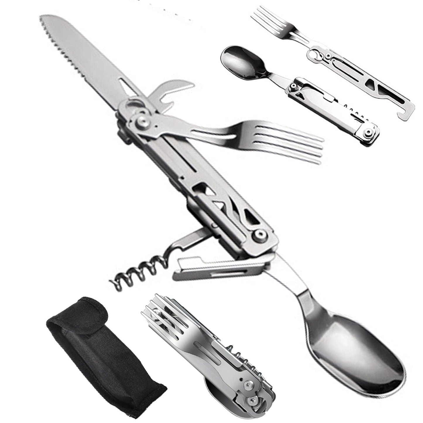 Wemomo Camping Utensils, 5 in 1 Detachable Cutlery Folding Knife, Stainless Steel Spoon, Fork, Cork Screw & Can Opener Combo Set, Compact Camping Tools for Hiking, Travel, Backpacking