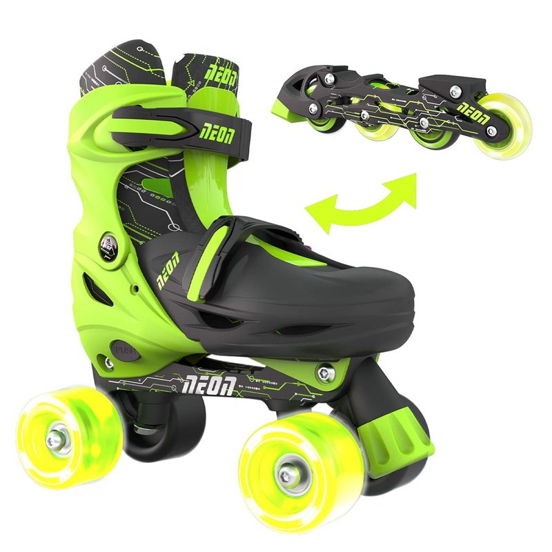 Yvolution Neon Combo Skates | 2-1 Quad and Inline Skates for Kids with LED Wheels | Adjustable Sizing (Green, 12-2)