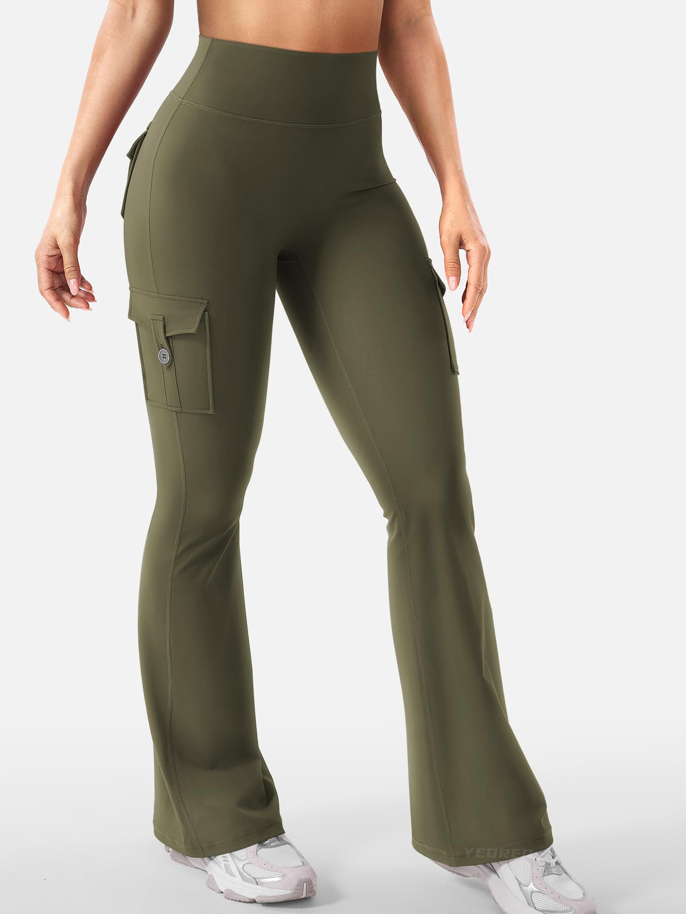YEOREO CoreFlex Women Workout Flare Leggings with Pockets Hidden Scrunch High Waisted Cargo Gym Yoga Leggings Army Green XXL