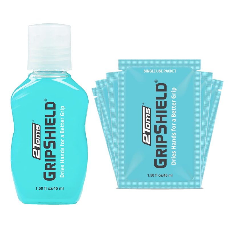 2Toms GripShield, Non-Sticky Grip Enhancer, Dry Grip Solution for Sweaty Hands, Tennis, Pickleball, Golf, Pole Dancing, and Gaming, Combo Pack, 1.5 Ounce Bottle and 6 Single-Use Packets