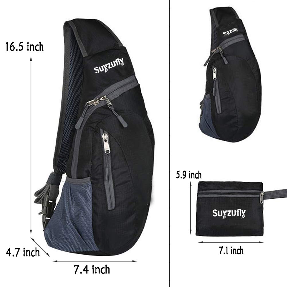 Suyzufly Men Women Foldable Sling Bags Shoulder Chest Backpack Crossbody Daypack for Cycling Walking Hiking Black