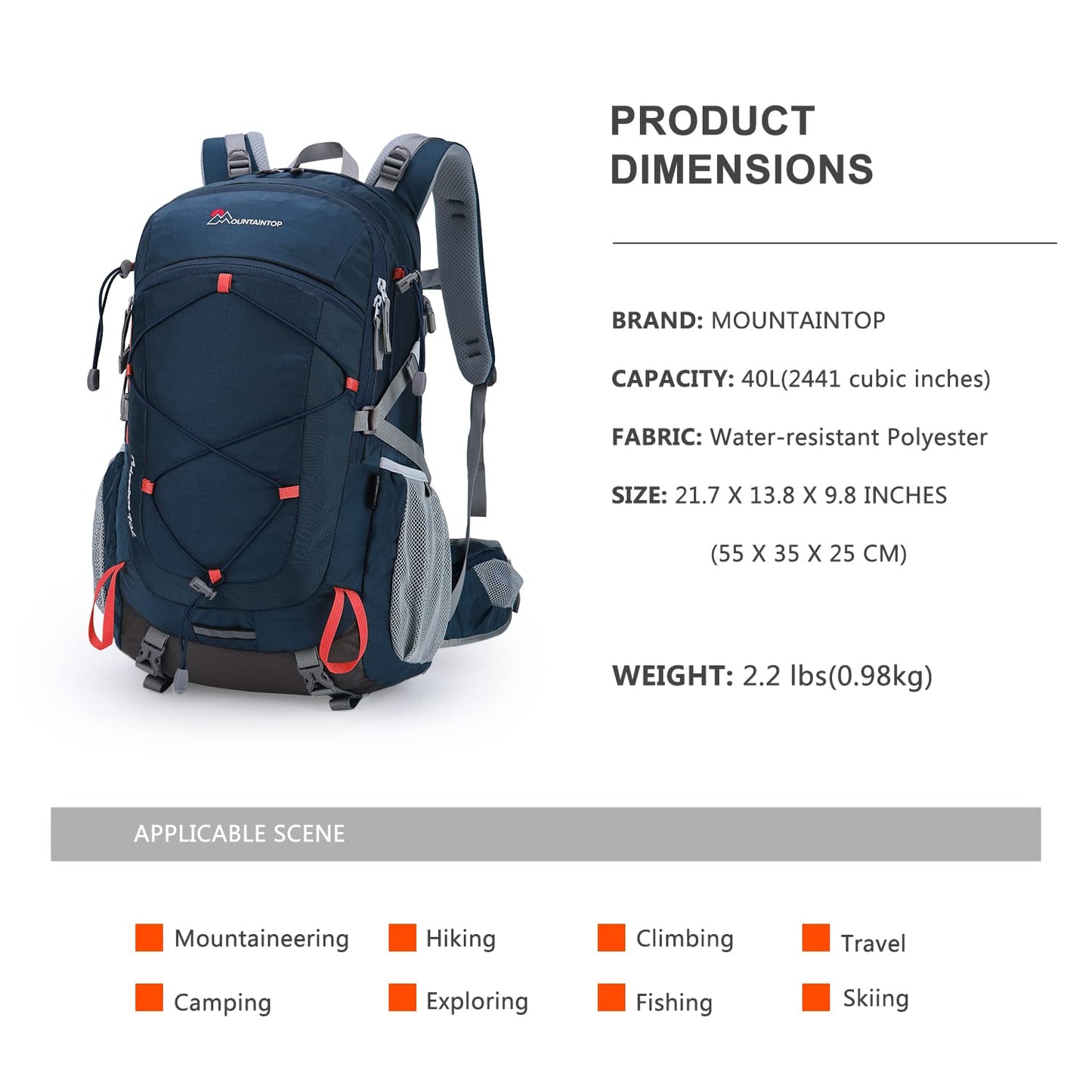 MOUNTAINTOP 40L Hiking Backpack with Rain Covers for Backpacking, Camping, Cycling and Traveling